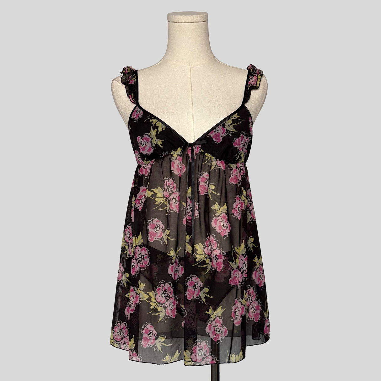 Ruffled babydoll dress with matching panties in black floral
