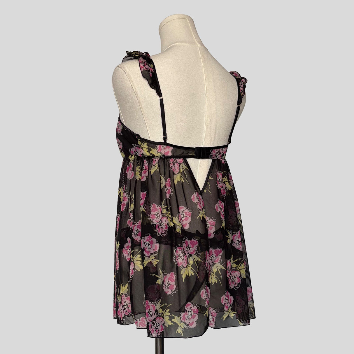 Ruffled babydoll dress with matching panties in black floral