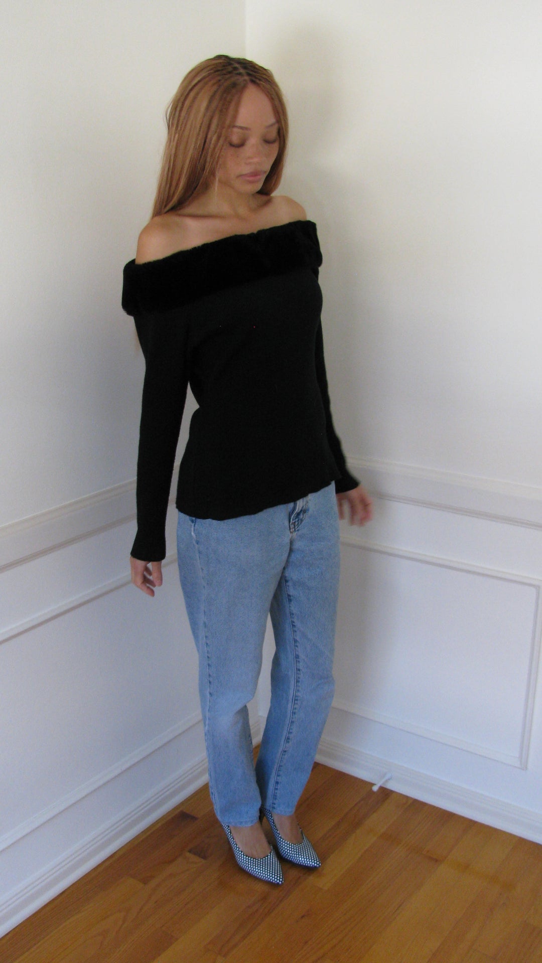 2000's Emanuel Ungaro Fur Trim Off The Shoulder Sweater
