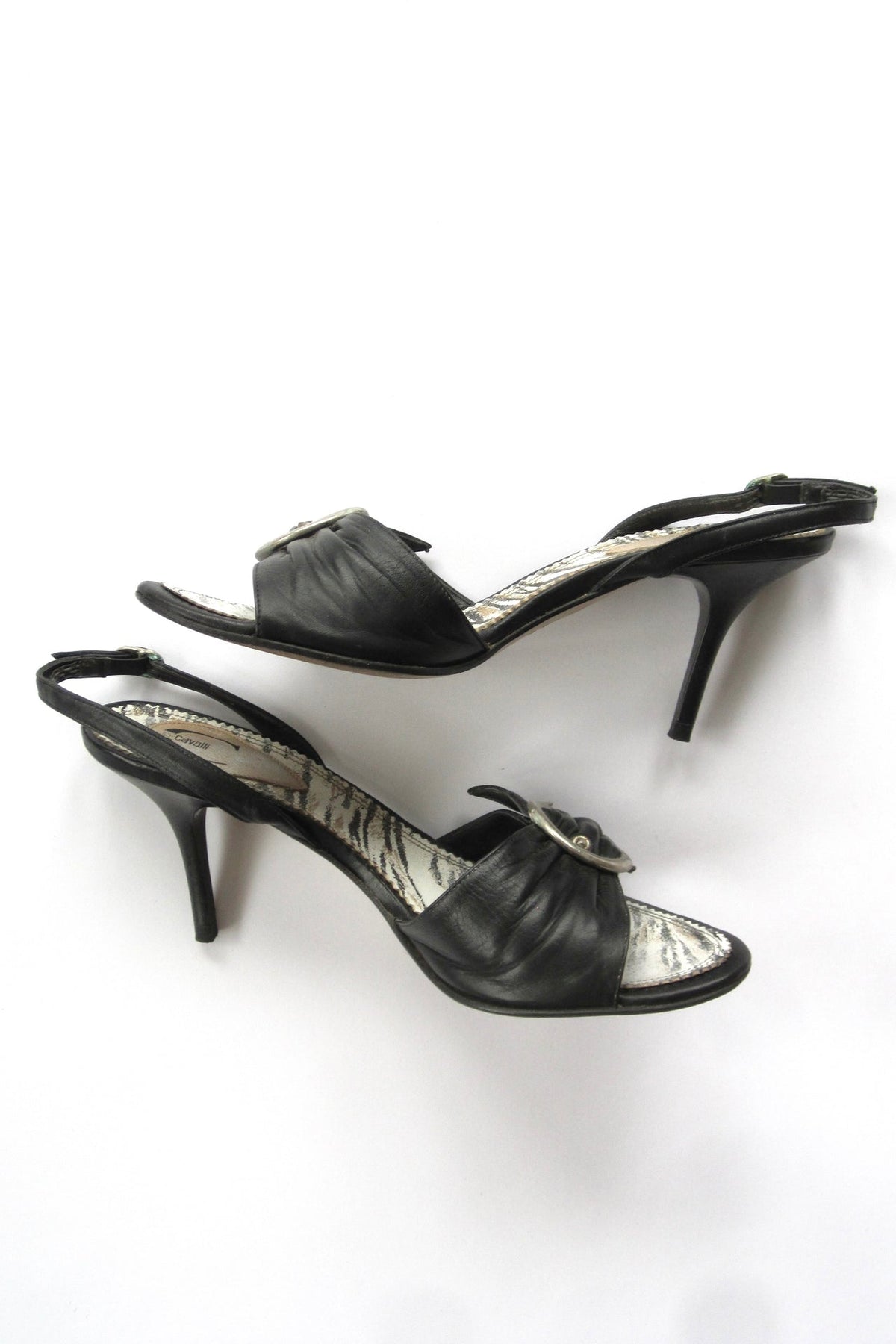 2000s Roberto Cavalli 'Just Cavalli' Black Leather Slingback Heels