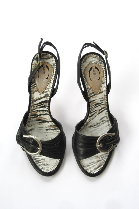 2000s Roberto Cavalli 'Just Cavalli' Black Leather Slingback Heels