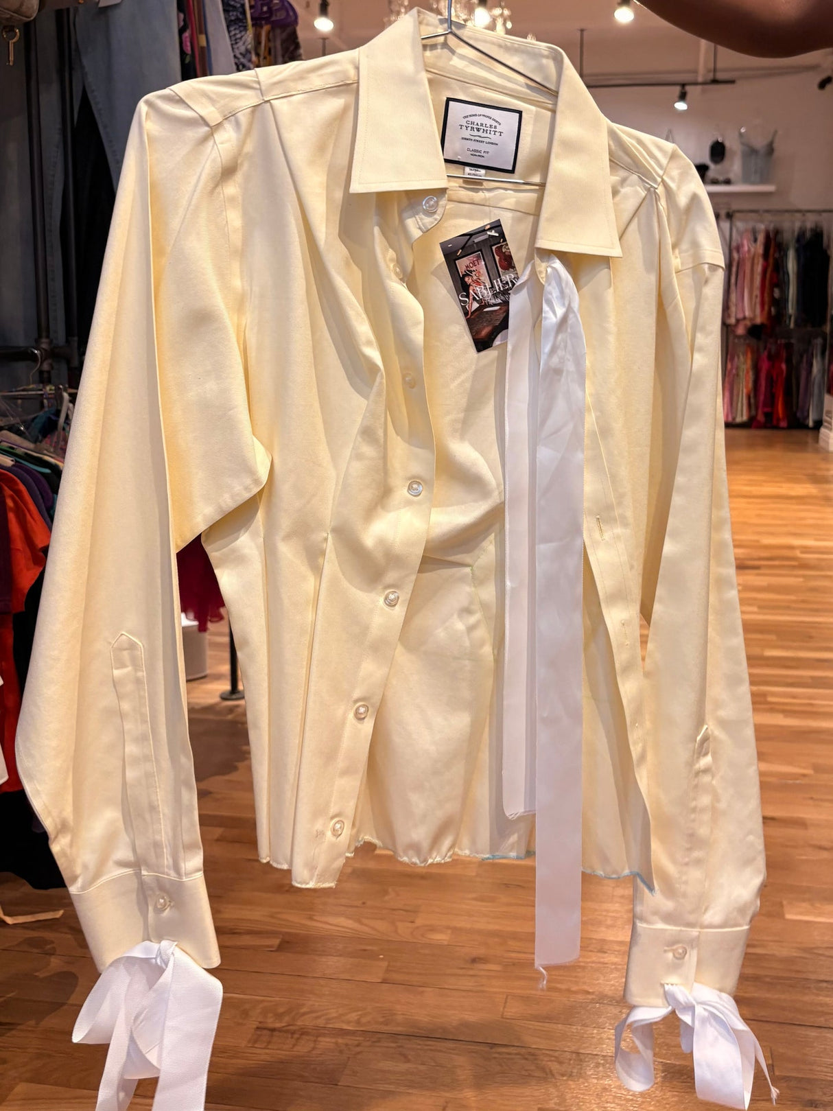 upcycled pastel yellow button up shirt
