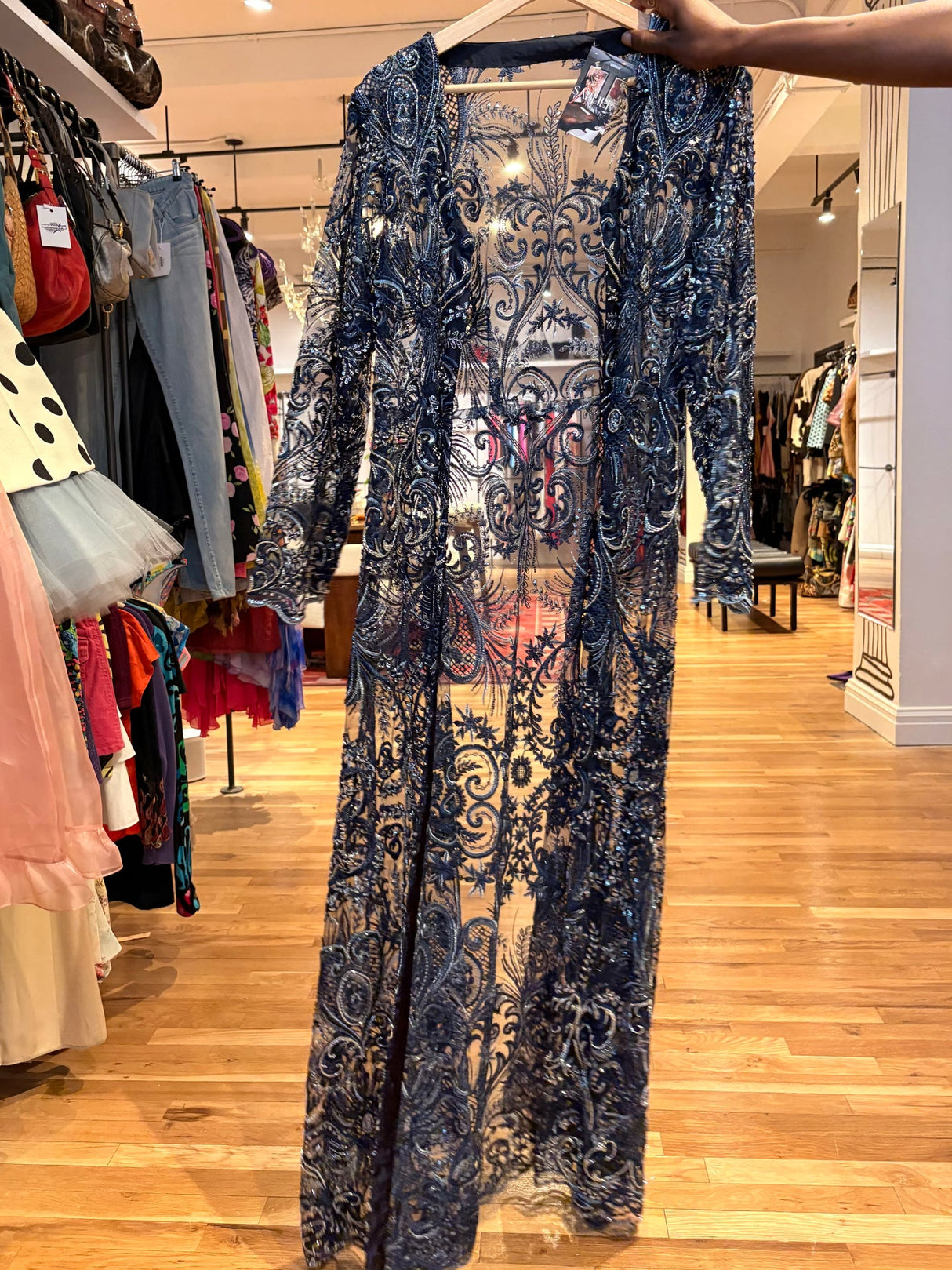 blue beaded and sequence floor length duster