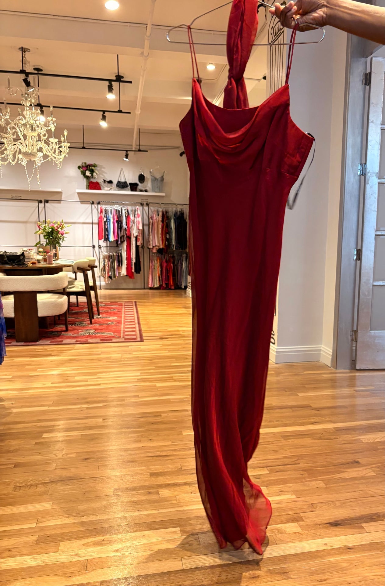 red cowl-neck maxi dress with scarf – The NY Archive