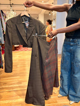 brown upcycled maxi skirt and blazer two-piece set