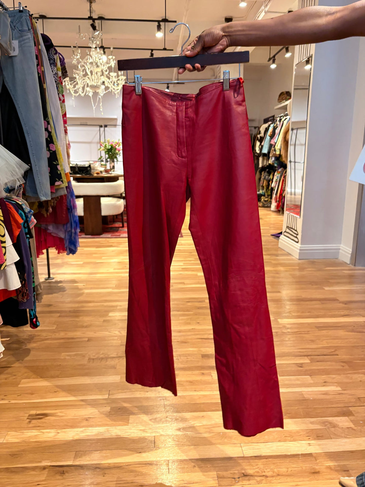 red lowrise leather pants