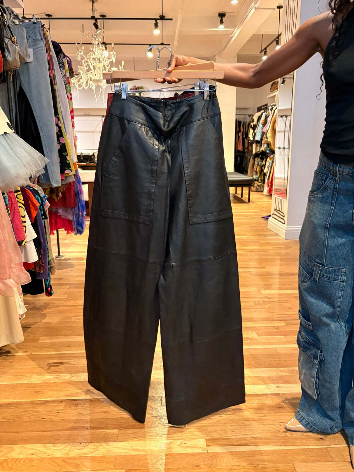 black leather wide leg pants