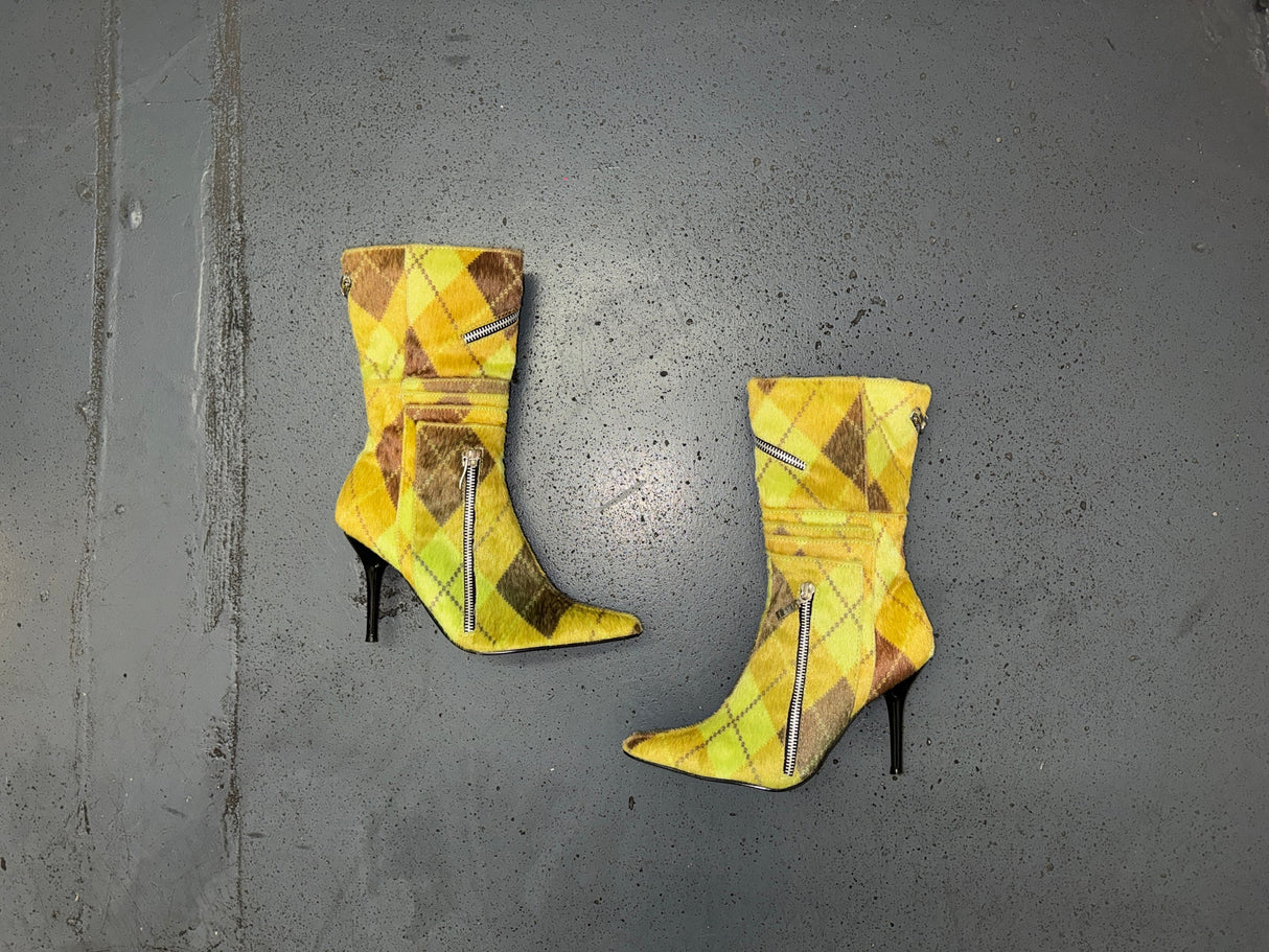 WILD ROSE Green Faux Ponyhair Argyle Heeled Ankle Boots US 6.5