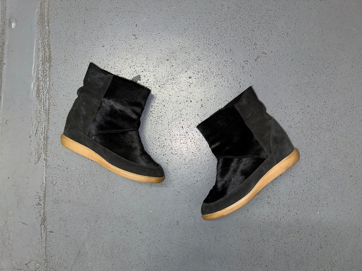 ISABEL MARANT Black Ponyhair and Suede Wedge Ankle Boots