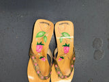 Wooden Floral Wedge Thong Heels US 10