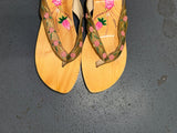 Wooden Floral Wedge Thong Heels US 10