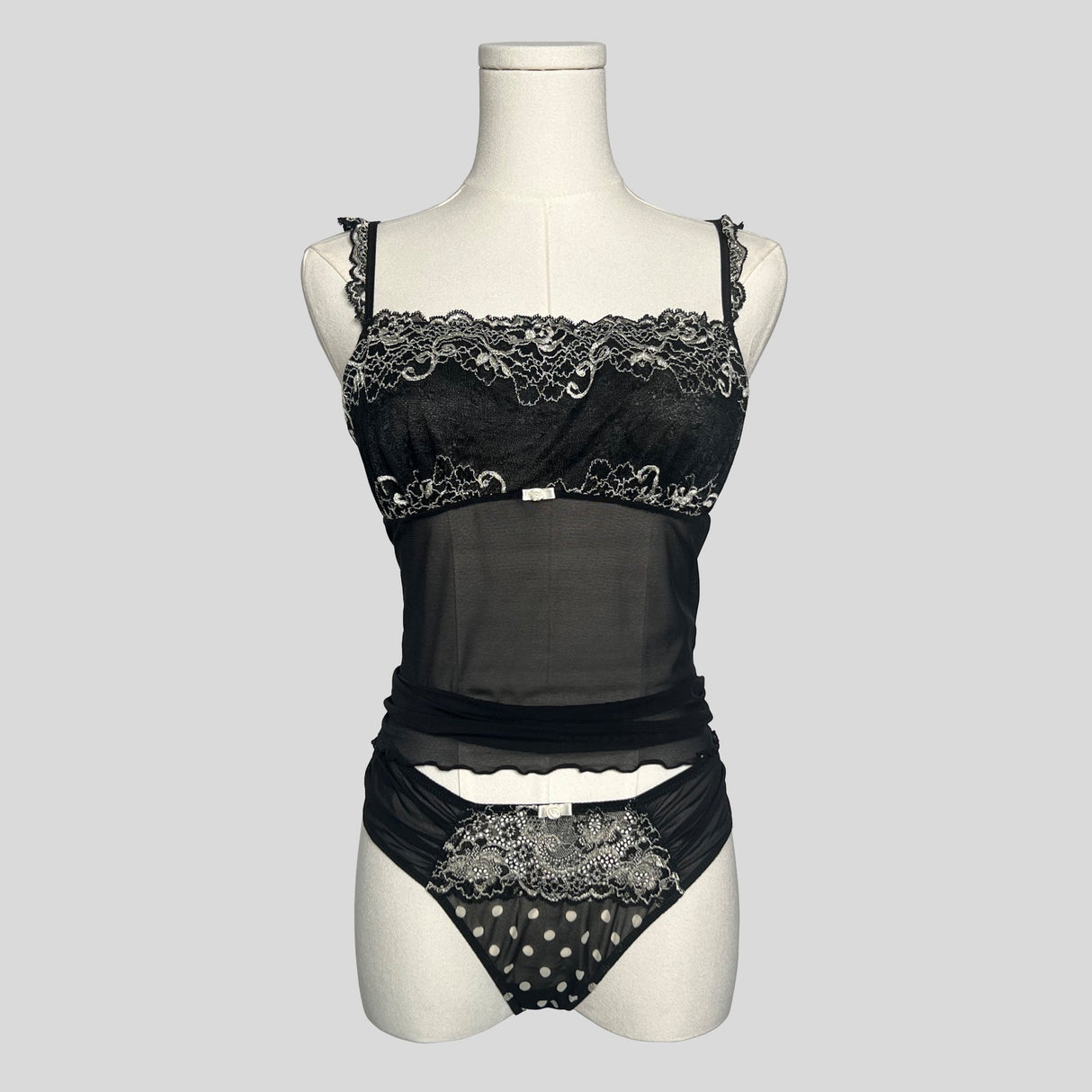 Lace mesh cami and matching polka dot panties