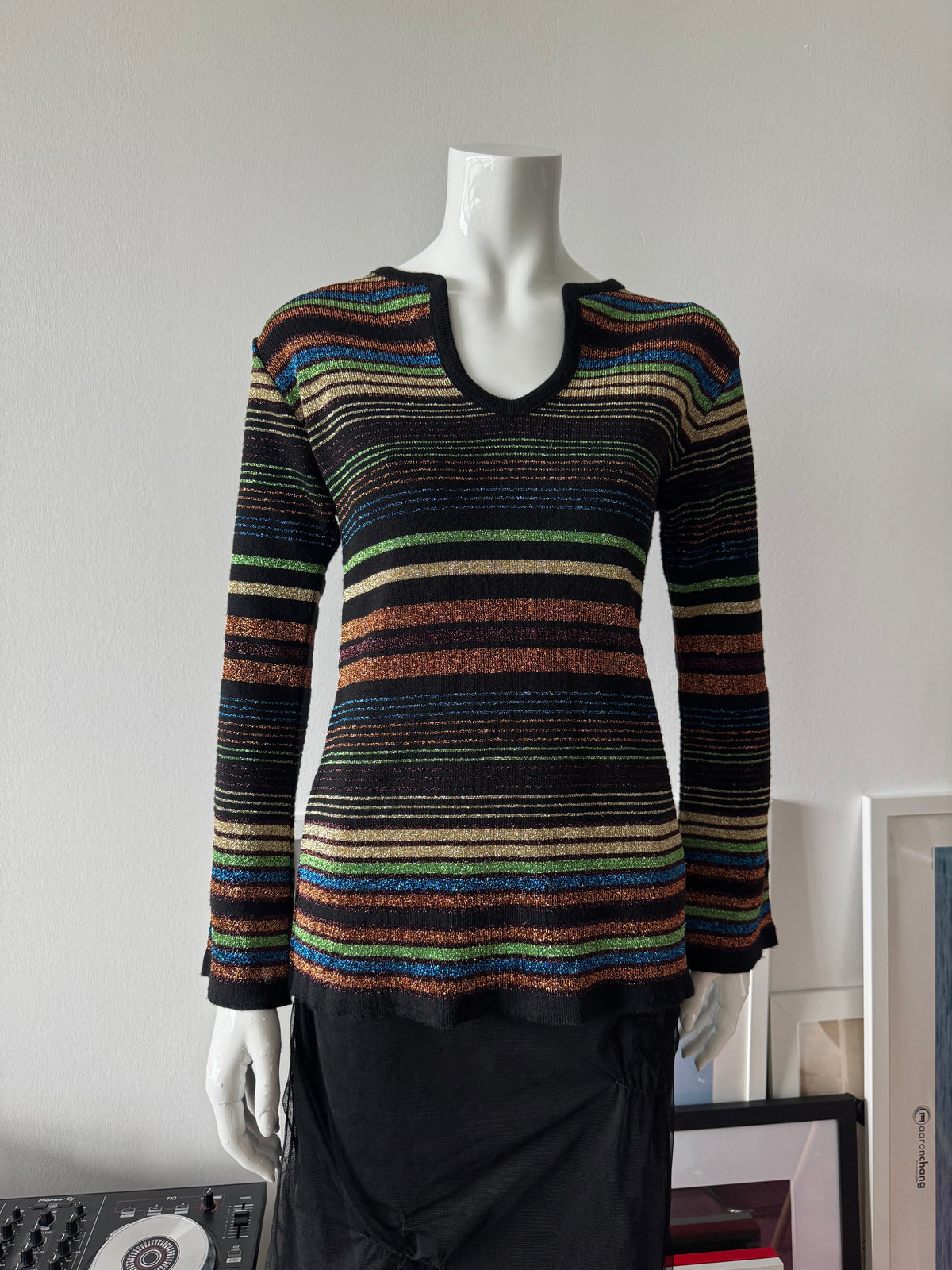 MORGAN DE TOI Metallic Striped V-Neck Sweater Top Sz M