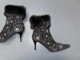 Black Floral Ankle Boots with Fur Trim US 8