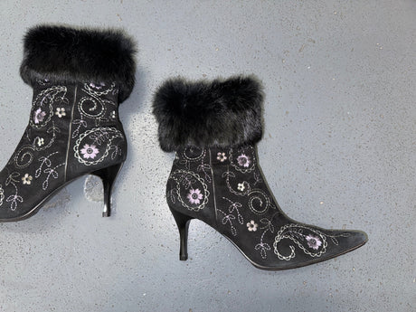 Black Floral Ankle Boots with Fur Trim US 8