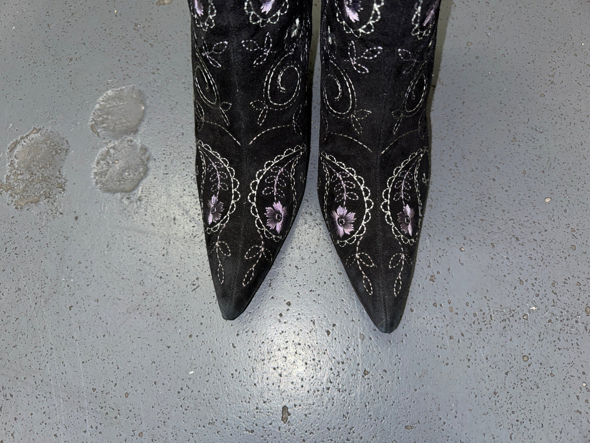 Black Floral Ankle Boots with Fur Trim US 8