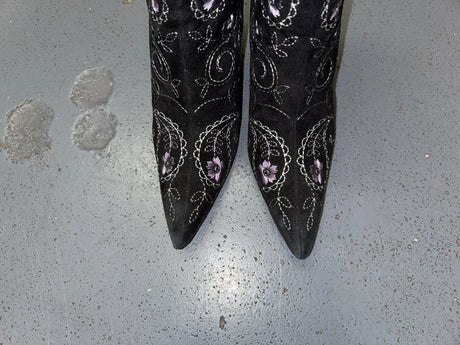 Black Floral Ankle Boots with Fur Trim US 8
