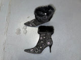 Black Floral Ankle Boots with Fur Trim US 8