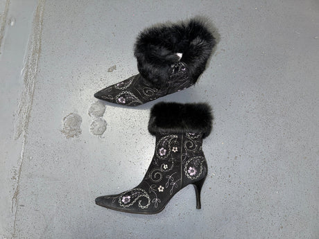 Black Floral Ankle Boots with Fur Trim US 8