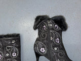 Black Floral Ankle Boots with Fur Trim US 8
