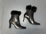 Black Leather Square Toe Boot with Fur Trim US 7