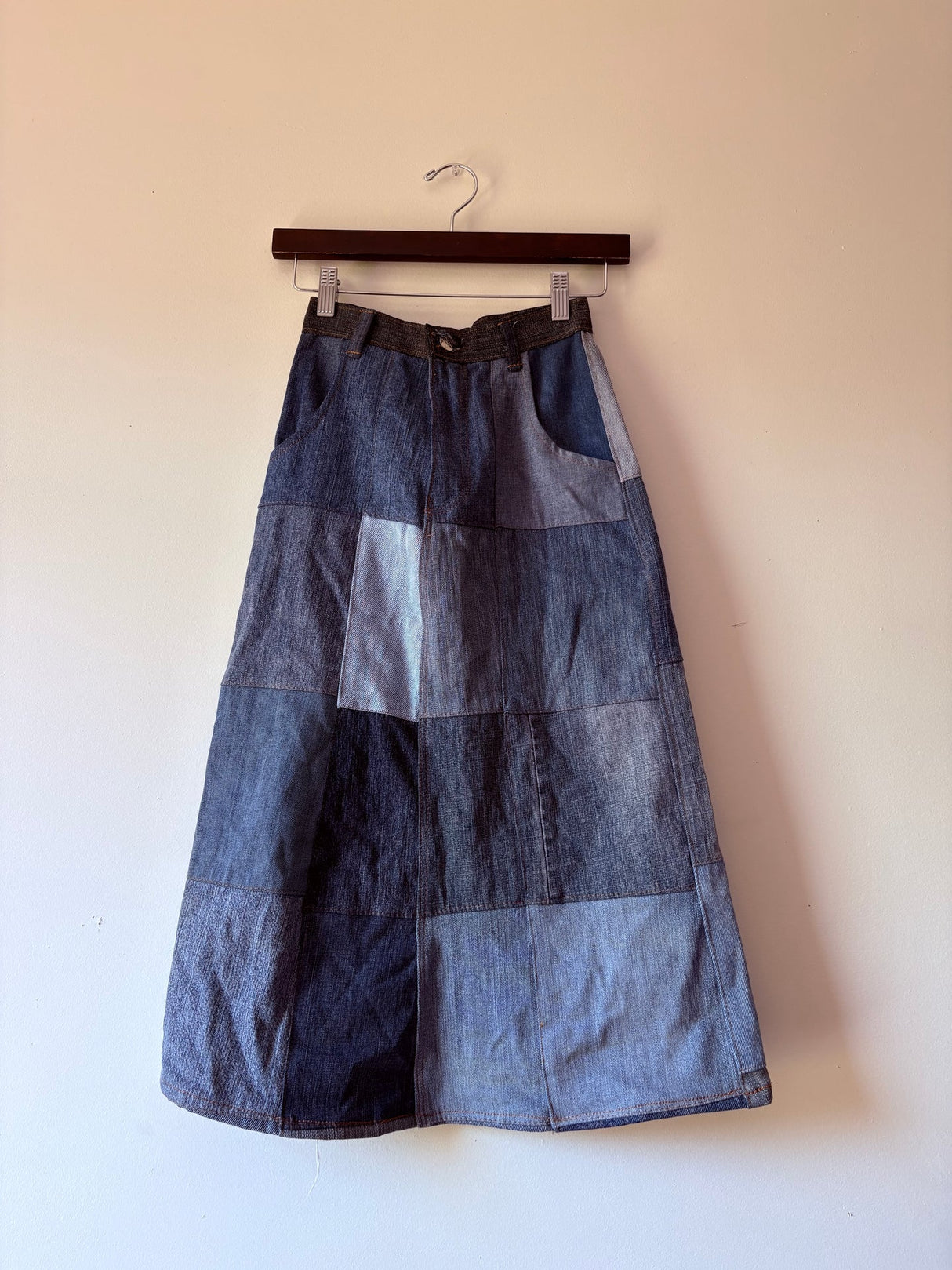 Patchwork denim midi skirt