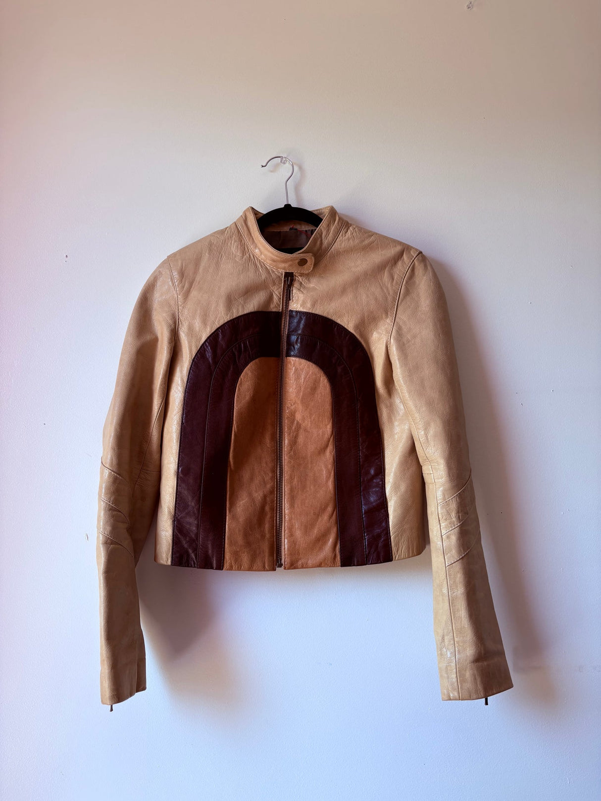 Transmission paneled leather jacket