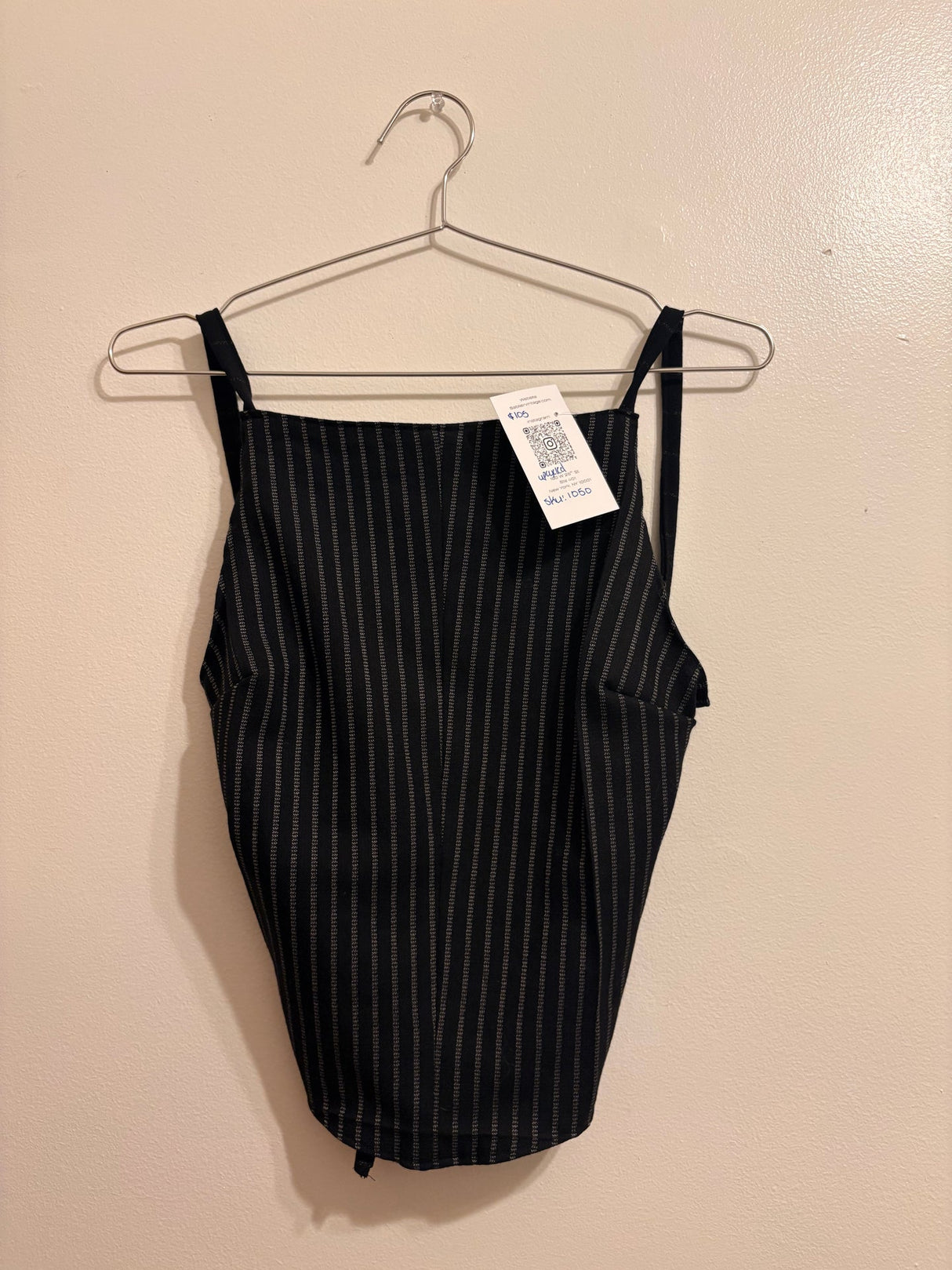 Upcycled pinstripe backless top