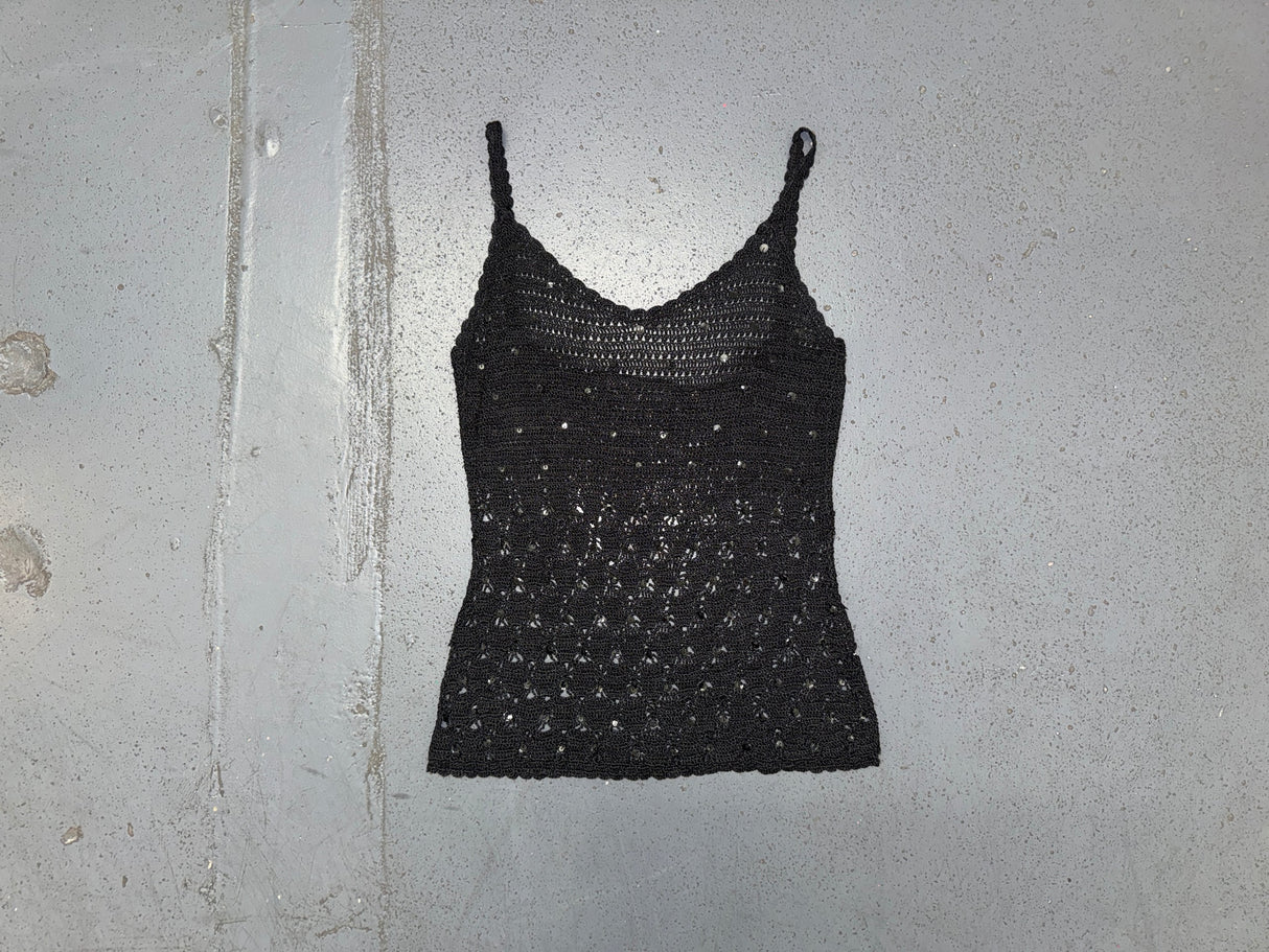 JACQUELINE DE YOUNG Black Knit Crochet Sequin Tank