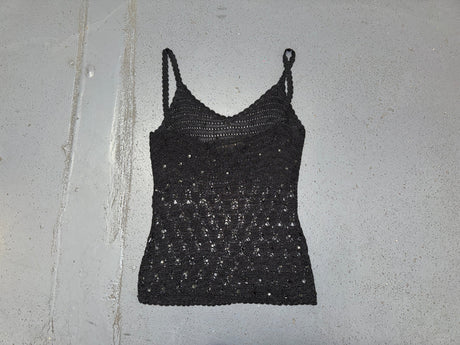 JACQUELINE DE YOUNG Black Knit Crochet Sequin Tank
