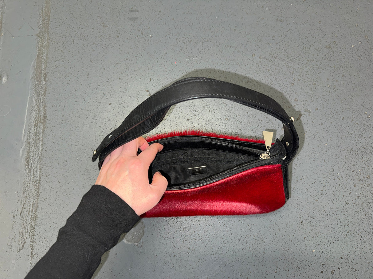 Red Pony Hair and Black Leather Shoulder Bag