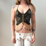 Italian Gold Sequined Fringe Butterfly Halter Tank