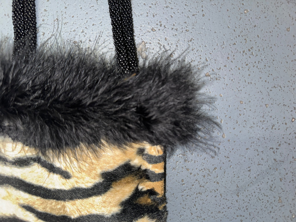 ERMO Tiger Print Faux Fur Bag with Feathers and Beaded Handles