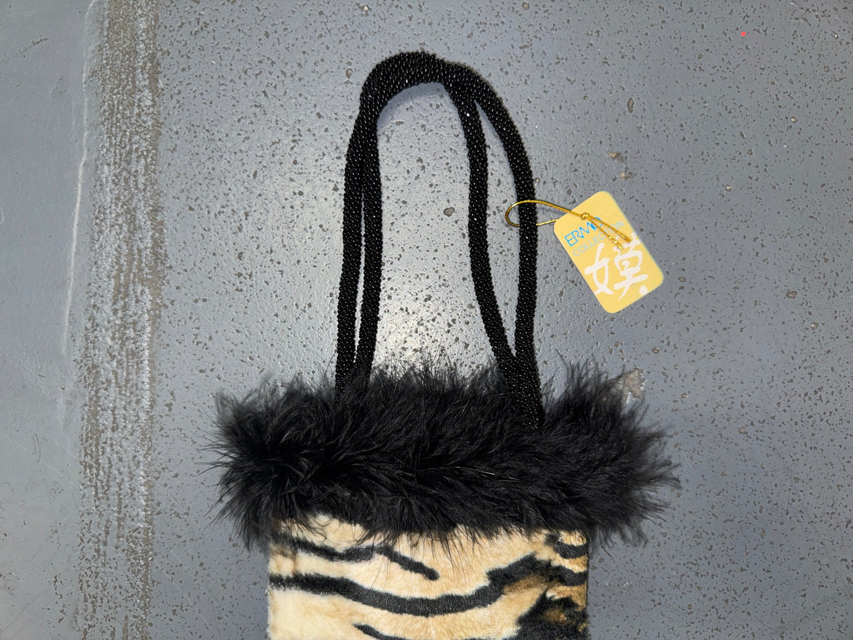 ERMO Tiger Print Faux Fur Bag with Feathers and Beaded Handles