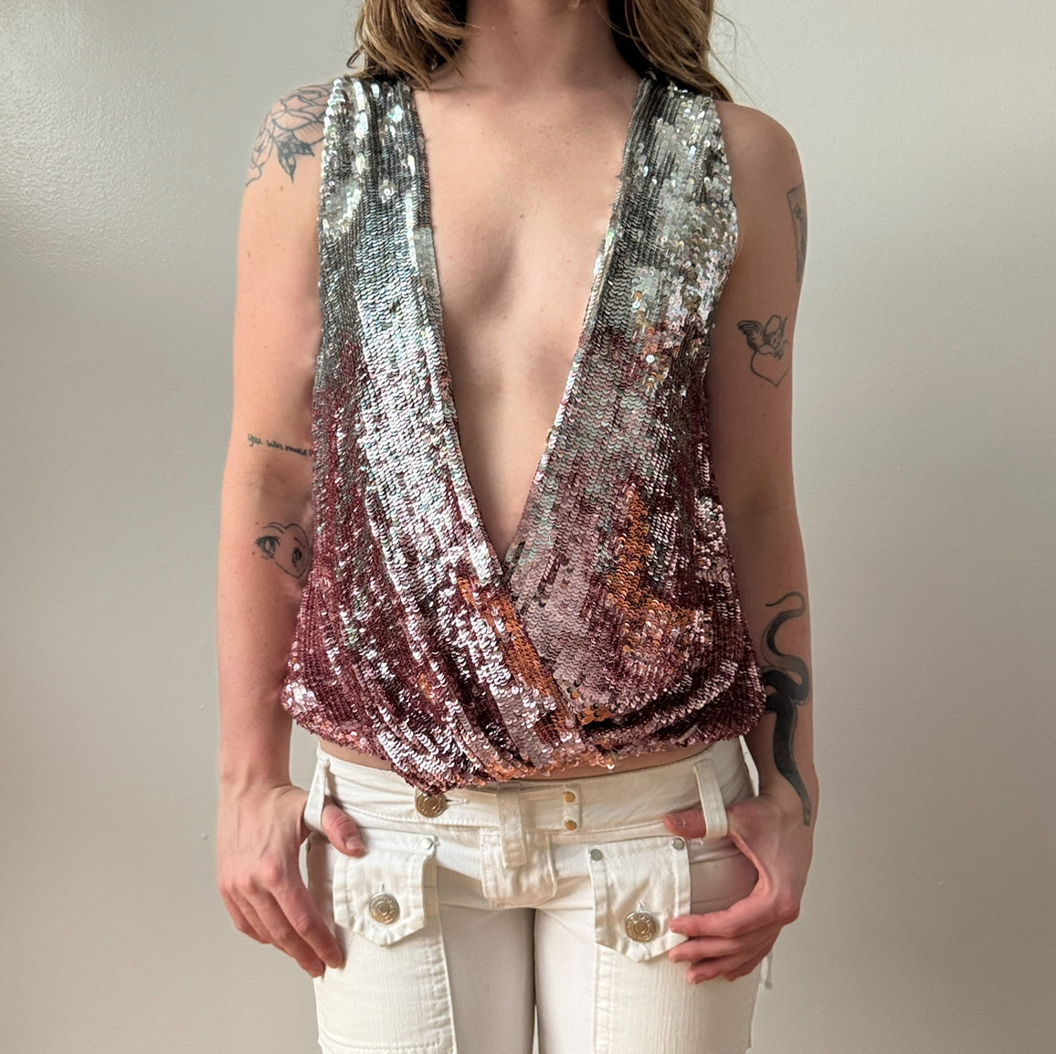 Italian Pink Two Tone Sequined Deep-V Slouchy Tank