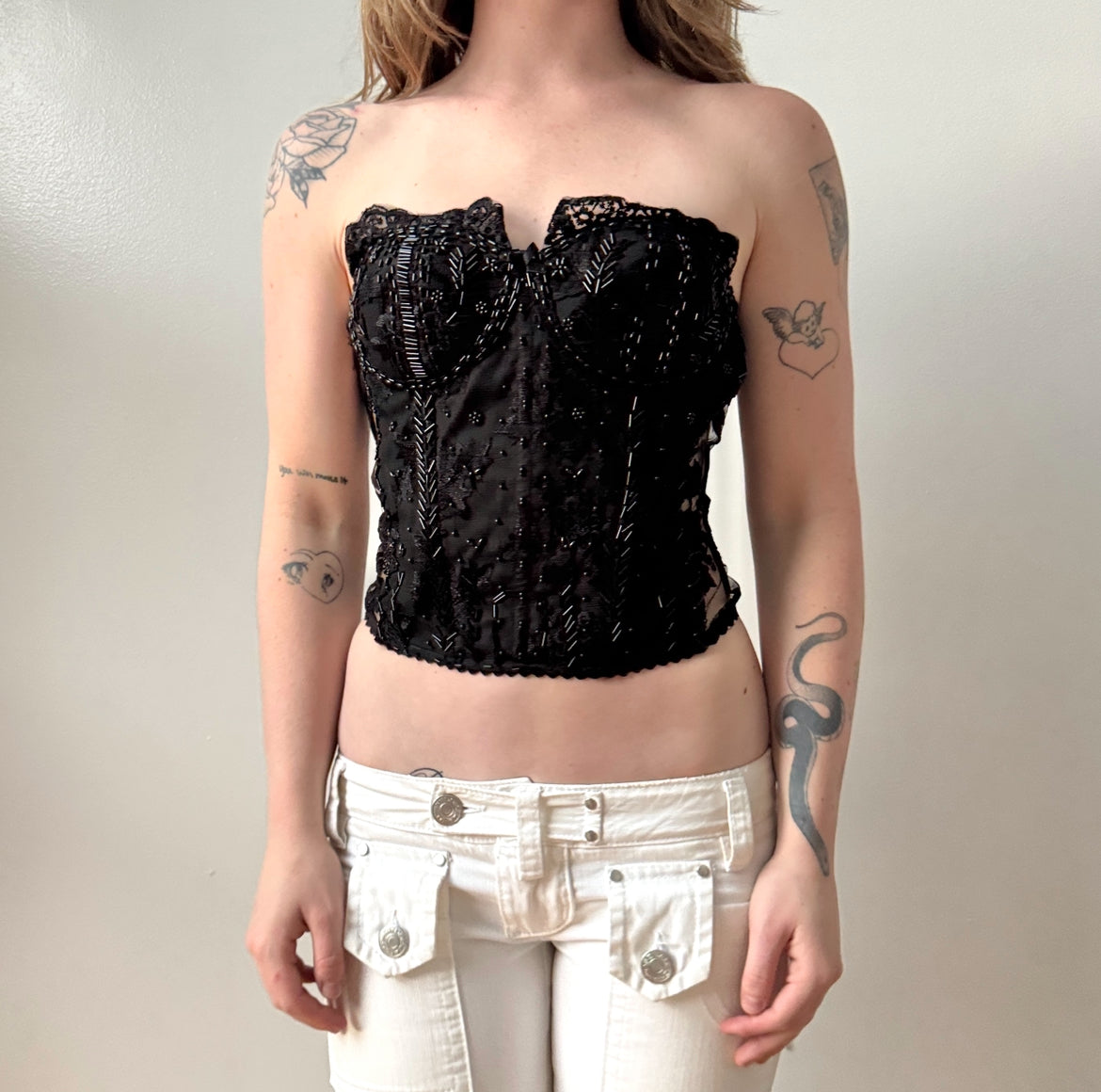 Italian Black Sequined Beaded Lace Bustier