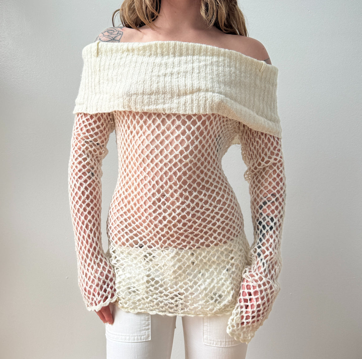 Y2K Cream Fishnet Sequined OTS Sweater Mini Dress