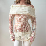 Y2K Cream Fishnet Sequined OTS Sweater Mini Dress