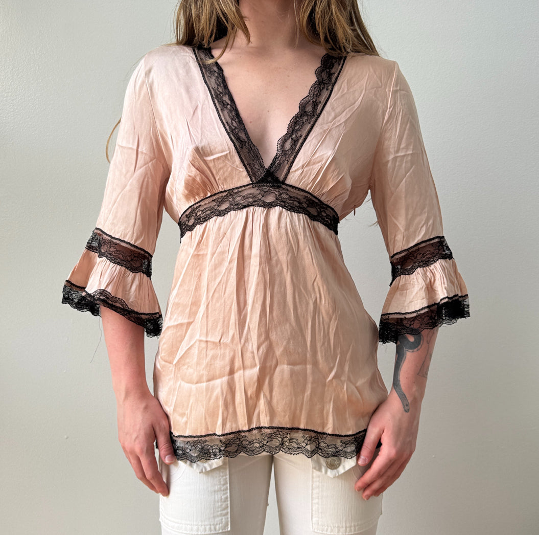 Italian Pink Black Lace Trim Silk Babydoll Top