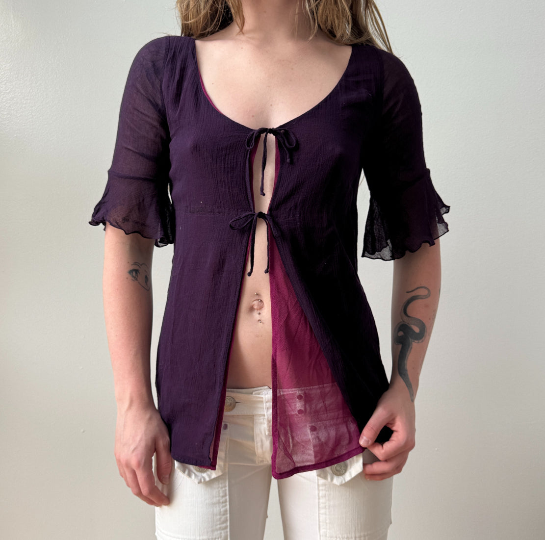 Italian Plum Magenta Two Tone Silk Tie Front Blouse