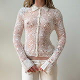 Italian Cream Crochet Mother of Pearl Button Blouse