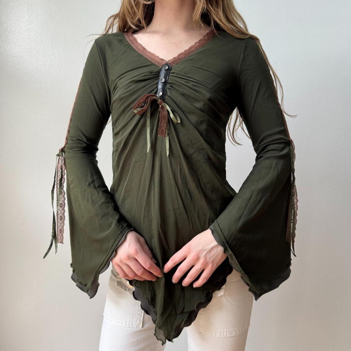 Italian Olive Mesh Wide Ruffled Sleeve Fairy Top