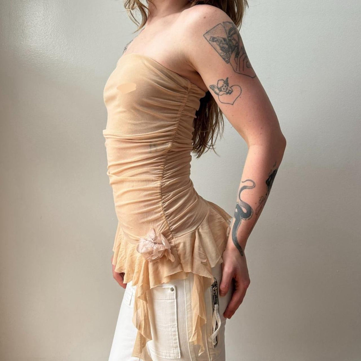 Italian Tan Mesh Asymmetrical Fairy Tube Top