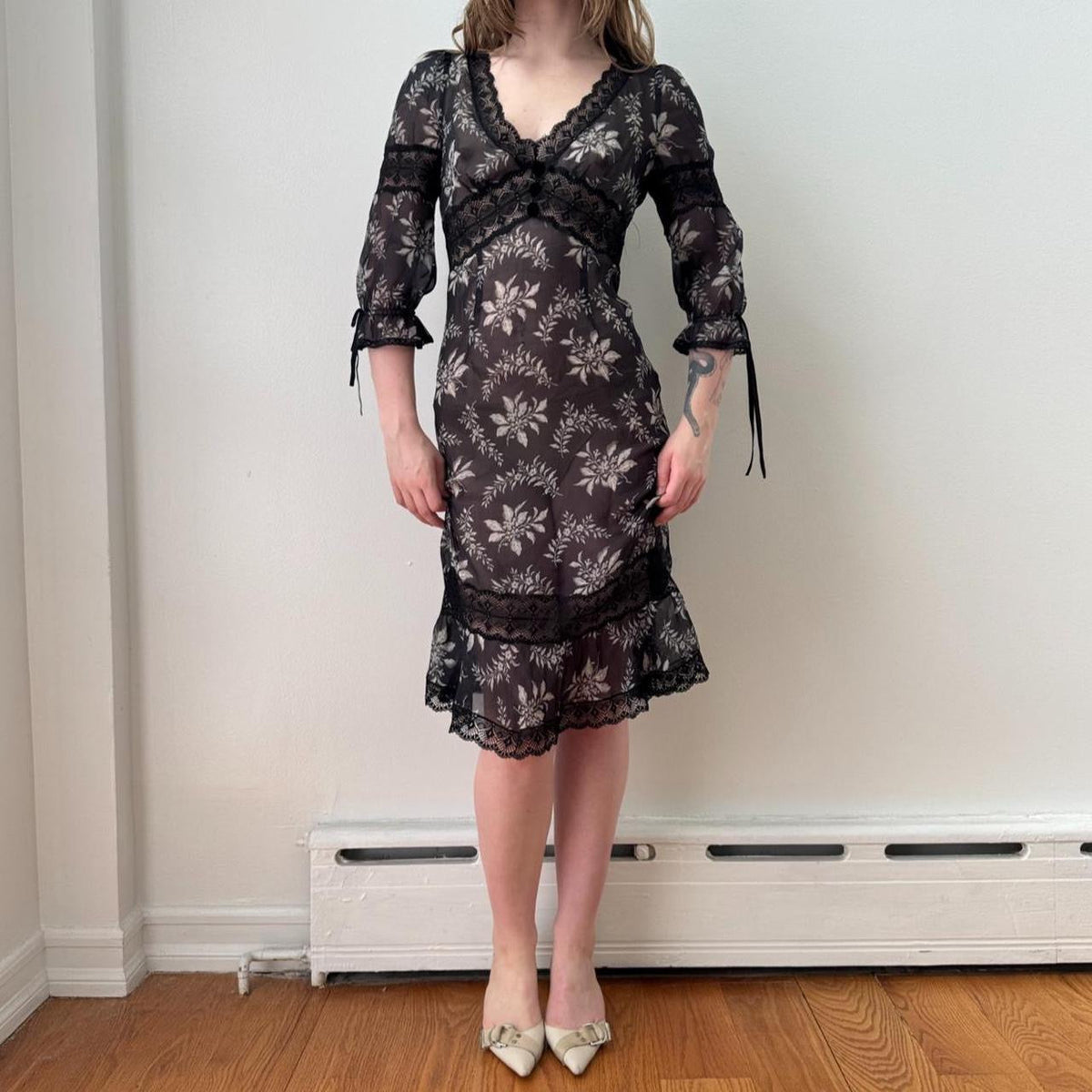 D&G Floral Print Lace Trim Ruffled Midi Dress