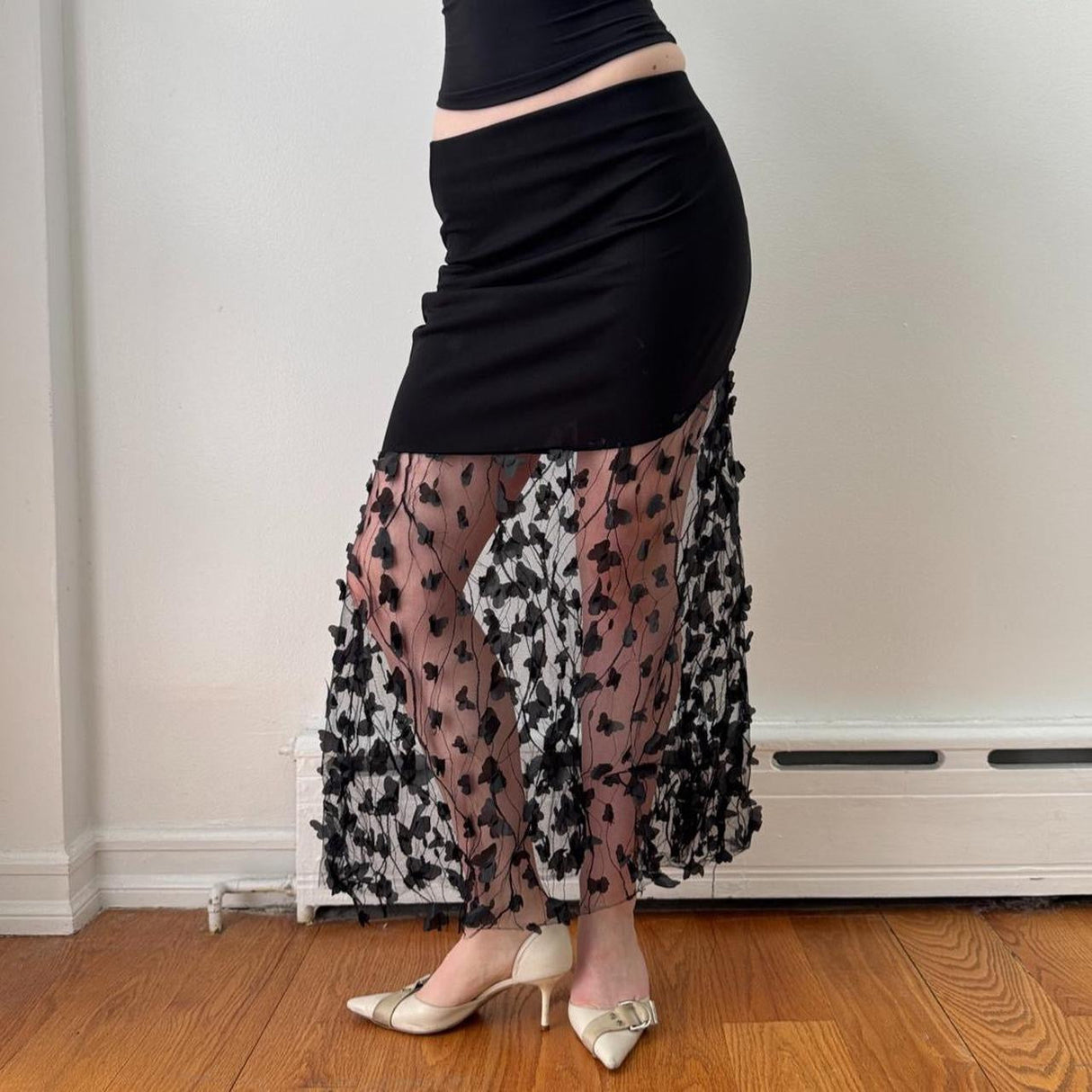 Italian Black Butterfly Mesh Maxi Skirt