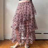 Italian Pink Geo Print Tulle Tiered Maxi Skirt