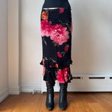 Italian Floral Print Lace Up Ruffled Midi Skirt
