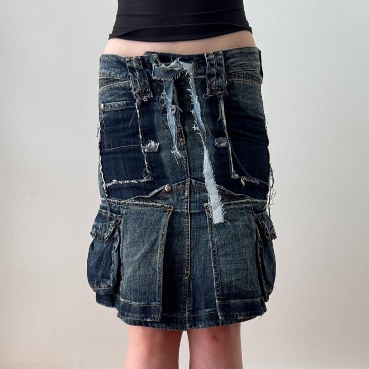 French Marithe Francois Girbaud Denim Patchwork Midi Skirt
