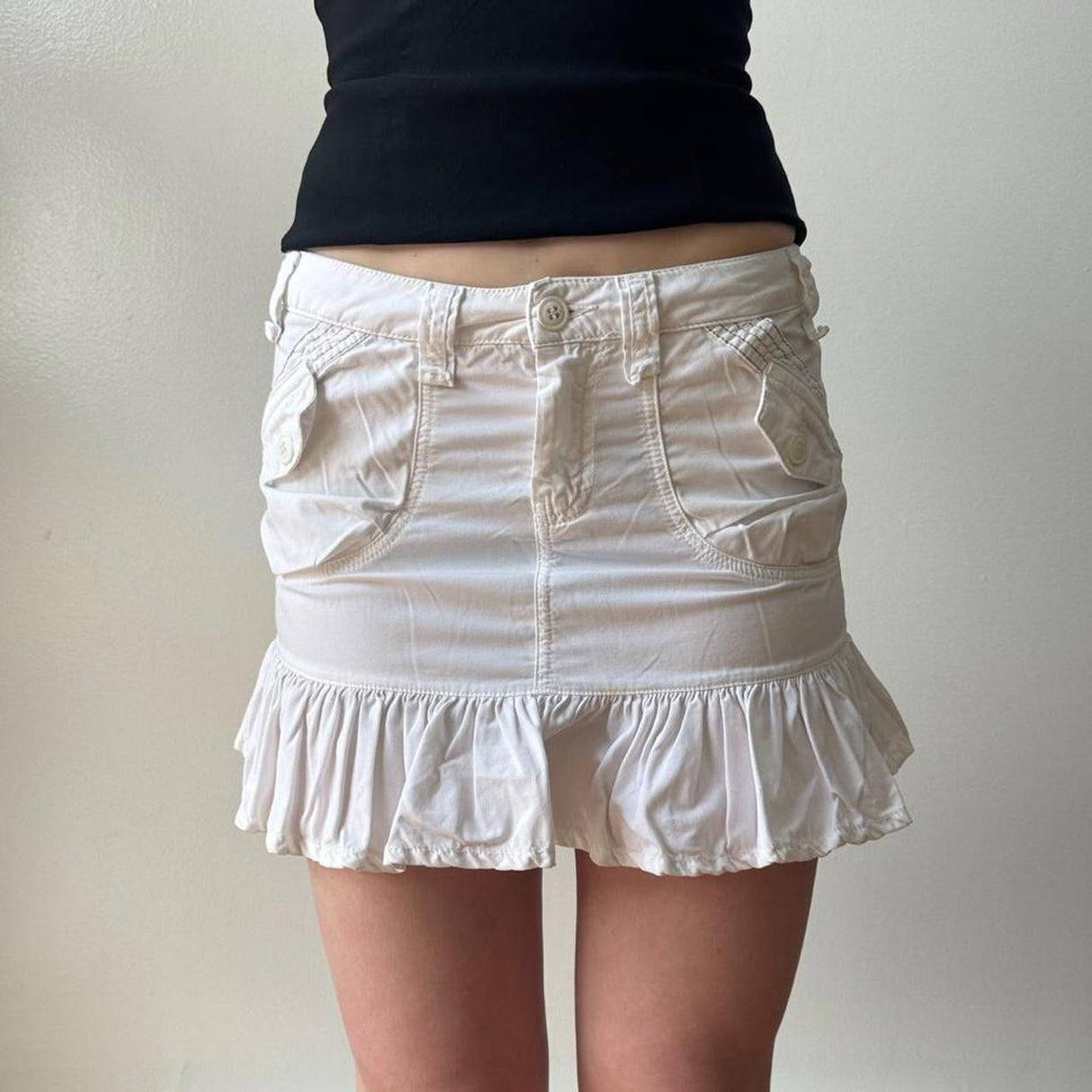 French White Drop Waist Ruffled Cargo Mini Skirt