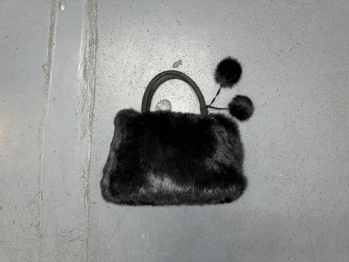 Black Rabbit Fur Bag with Pom Poms